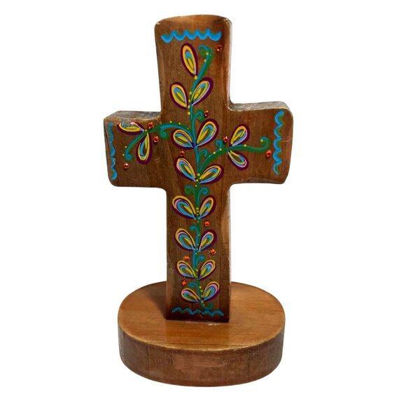 Hand-Painted Wooden Cross Figurine With Floral Design & Inspirational Message - Picture 1 of 8